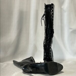 Black Lace-Up Patent Knee-High Women's Boots
